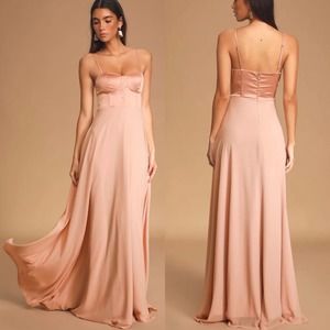 Lulu's Women's Best Part Of Me Blush Pink Satin Bustier Maxi Dress Size Large